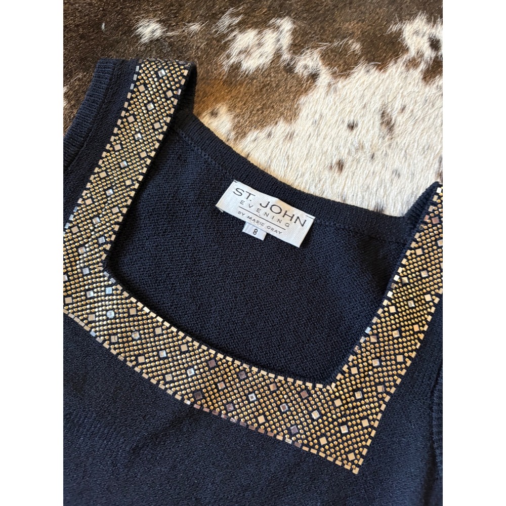 ST‎ JOHN Black Square Neck Jeweled Sleeveless Knit Top Size 8 - Picture 2 of 7